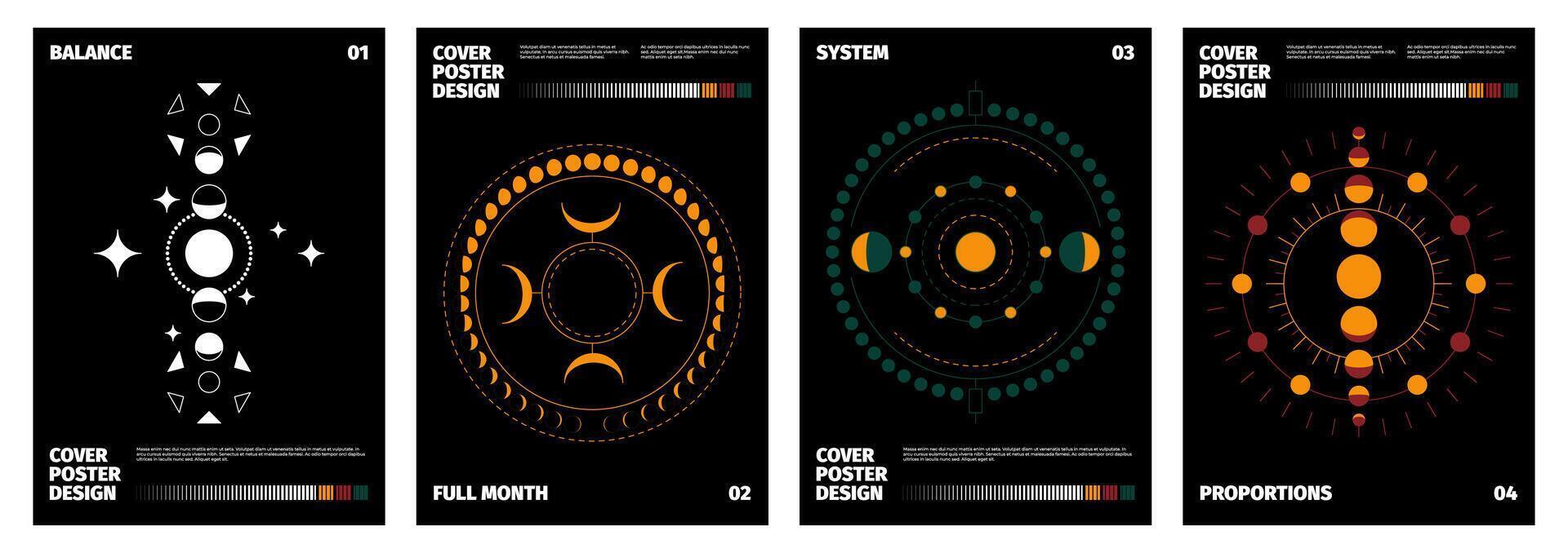 maan fasen affiches. minimalistisch afdrukken verzameling met abstract silhouetten van maan fasen, magie posters met maan halve maan symbolen. vector reeks