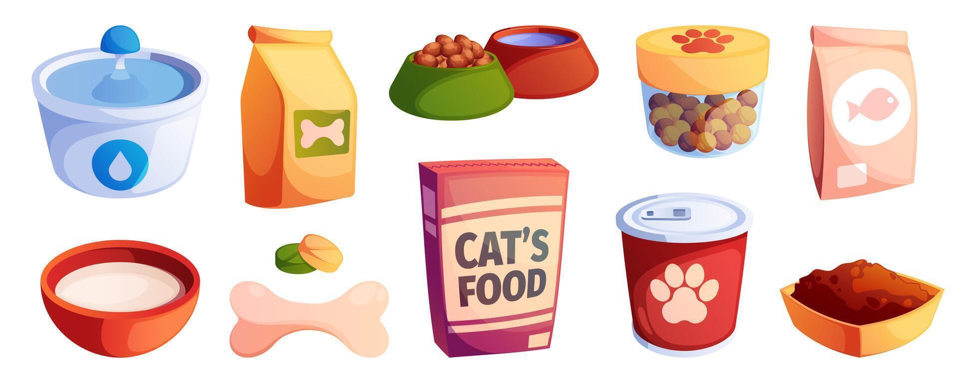 huisdieren voedsel. tekenfilm hond en kat kom met maaltijd, katje bord met nat voedsel, katachtig schotel met droog tussendoortje. vector vlak voedsel voor huisdieren illustratie