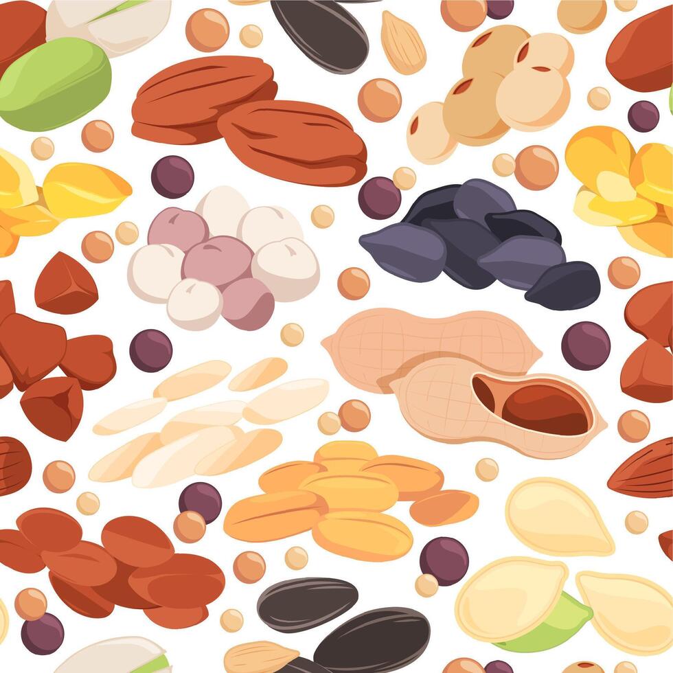 zaden patroon. naadloos afdrukken van zonnebloem chia vlas quinoa noot granen, kleurrijk biologisch voedsel achtergrond voor omhulsel papier. vector structuur