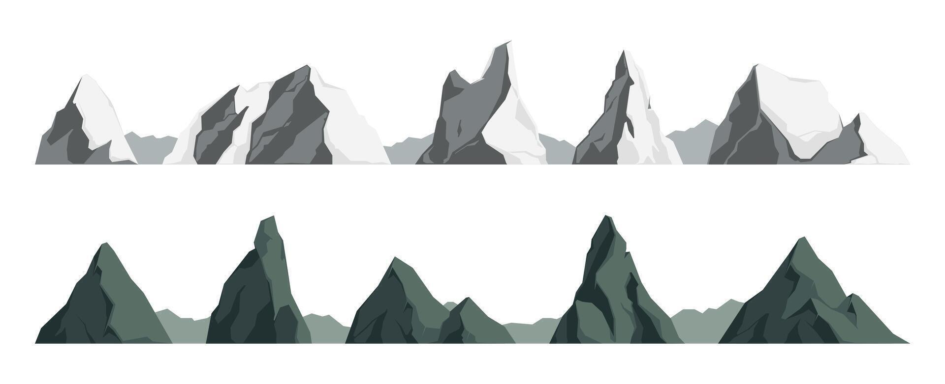 rotsachtig landschap elementen. tekenfilm berg pieken, besneeuwd steen rotsen en kliffen, groen alpine landschap met besneeuwd pieken en ruig rotsen. vector geïsoleerd reeks