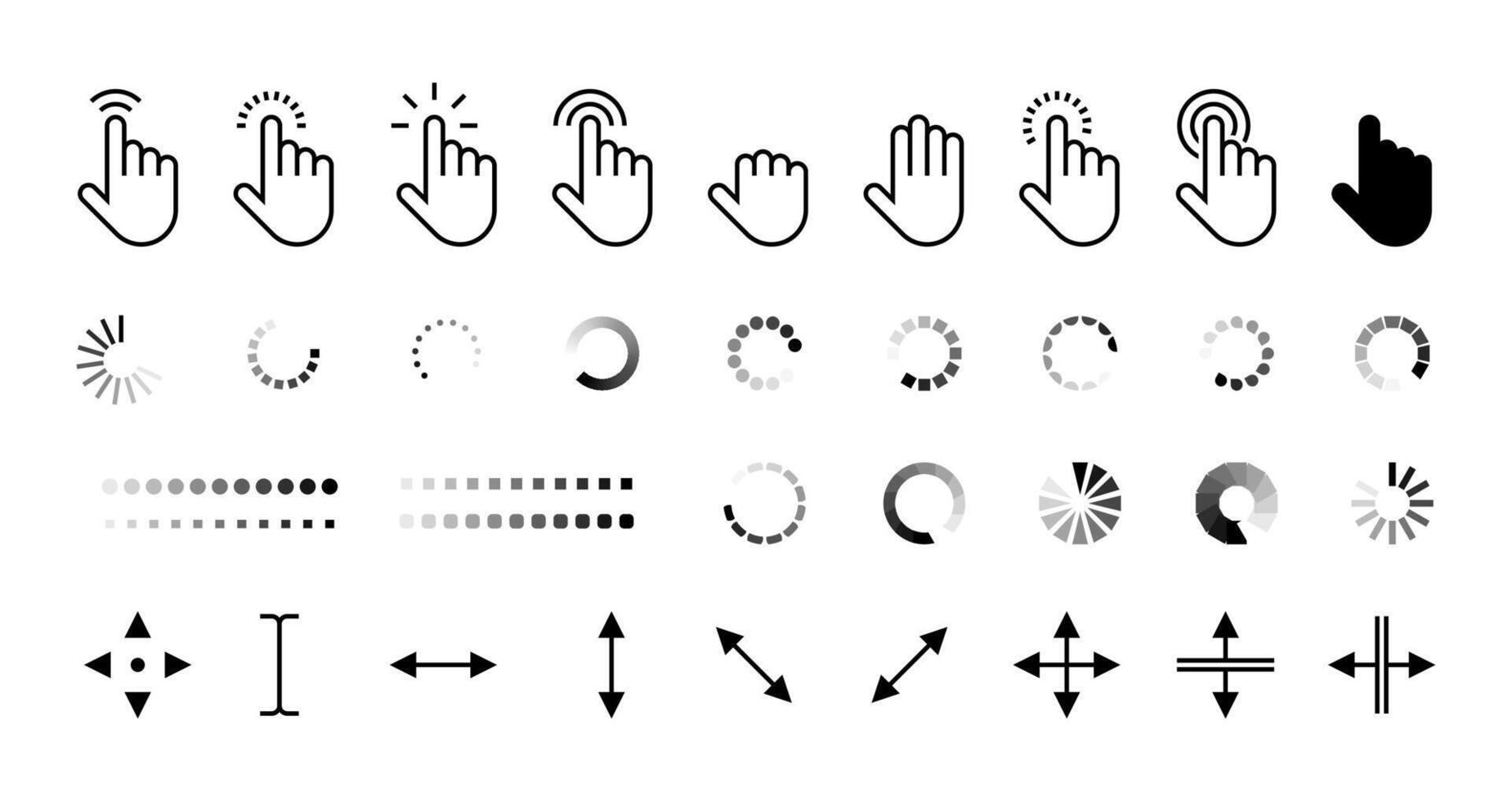 wijzer en bezig met laden pictogrammen. computer cursor pijl en bezig met laden teken, Klik en wacht symbool, web adres en duim wijzend. vector geïsoleerd reeks