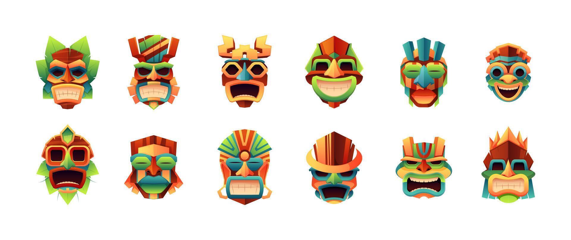 tiki maskers. traditioneel Maya aztec aboriginal ritueel tribal totems, zulu polynesisch Mexicaans Indisch ceremonieel idolen, tekenfilm etnisch gezicht maskeren. vector vlak reeks