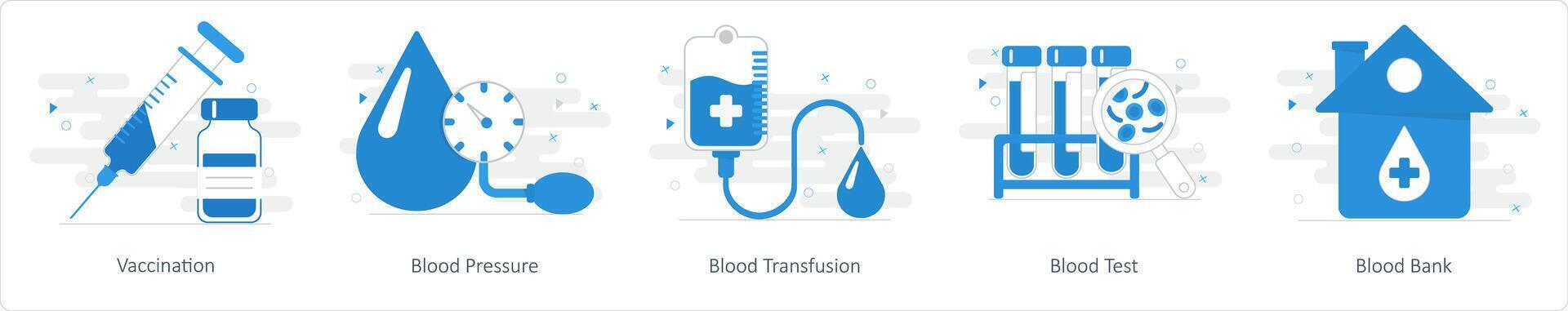een reeks van 5 mengen pictogrammen net zo vaccinatie, bloed druk, bloed transfusie vector