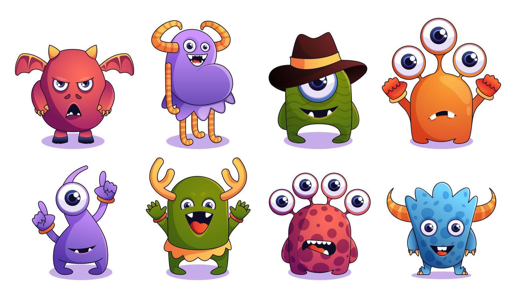 grappig monster verzameling. schattig grappig monster gezichten met grappig uitdrukkingen, buitenaards wezen schepsels van verschillend kleuren en maten. vector geïsoleerd reeks