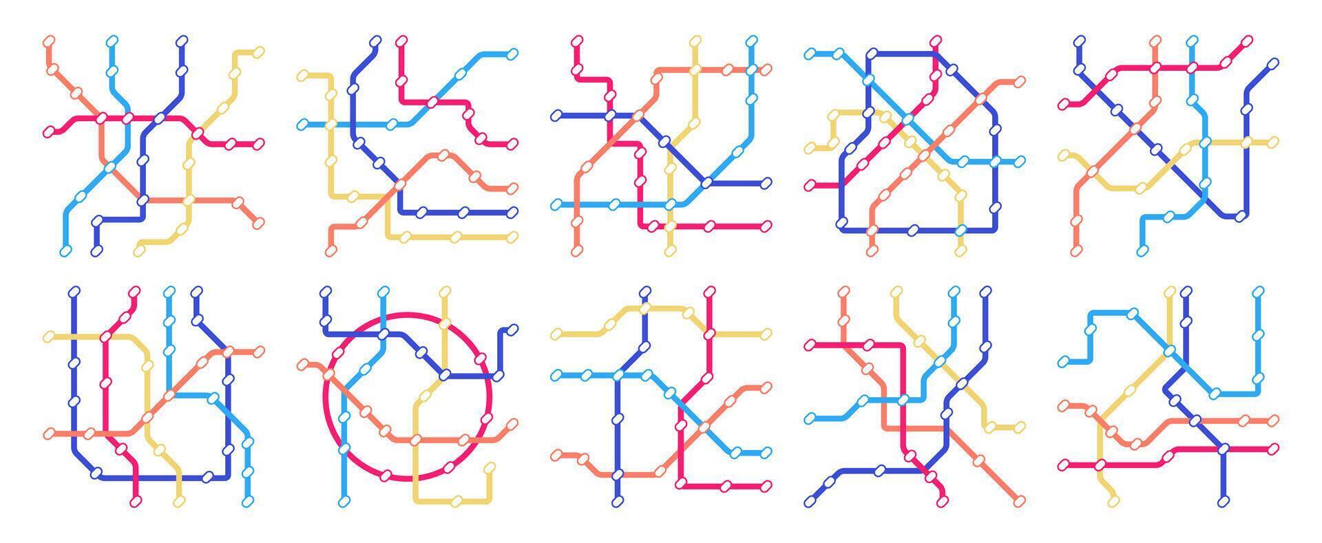 metro kaart set. ondergronds spoorweg metro route verbinding en richting, massa vervoer openbaar vervoer route en station. vector verzameling