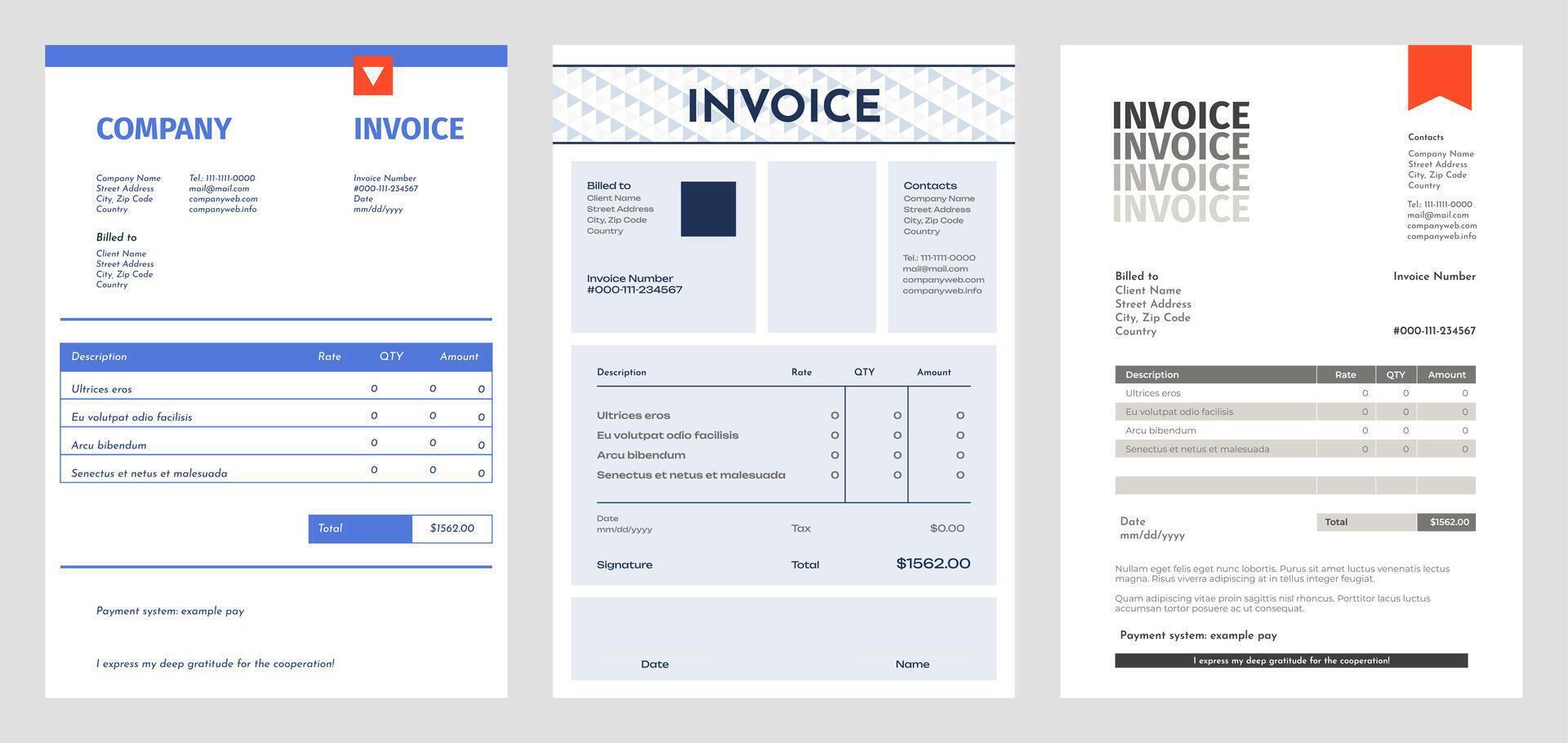 bedrijf factuur. blanco accounting Bill met totaal prijs, methode van betaling en datum. vector factuur sjabloon