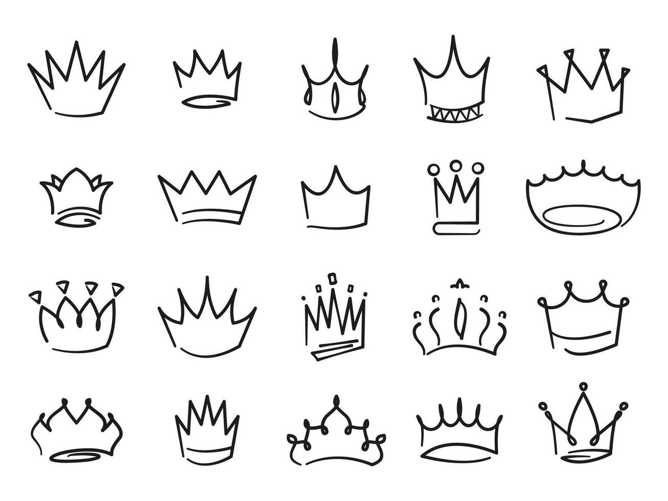 tekening kronen. middeleeuws Koninklijk kronen met inscripties en kalligrafie, hand- getrokken luxe juweel monarch pictogrammen voor logo ontwerp. vector reeks