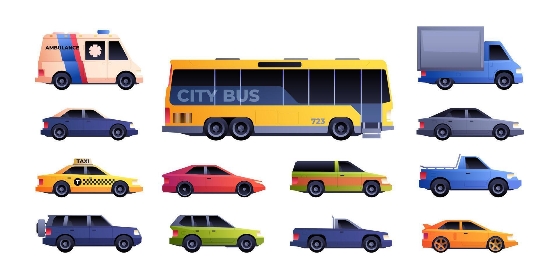 stad vervoer set. verschillend modellen van auto's, kleurrijk stedelijk voertuigen taxi bus busje noodgeval auto's vlak tekenfilm stijl. vector geïsoleerd verzameling