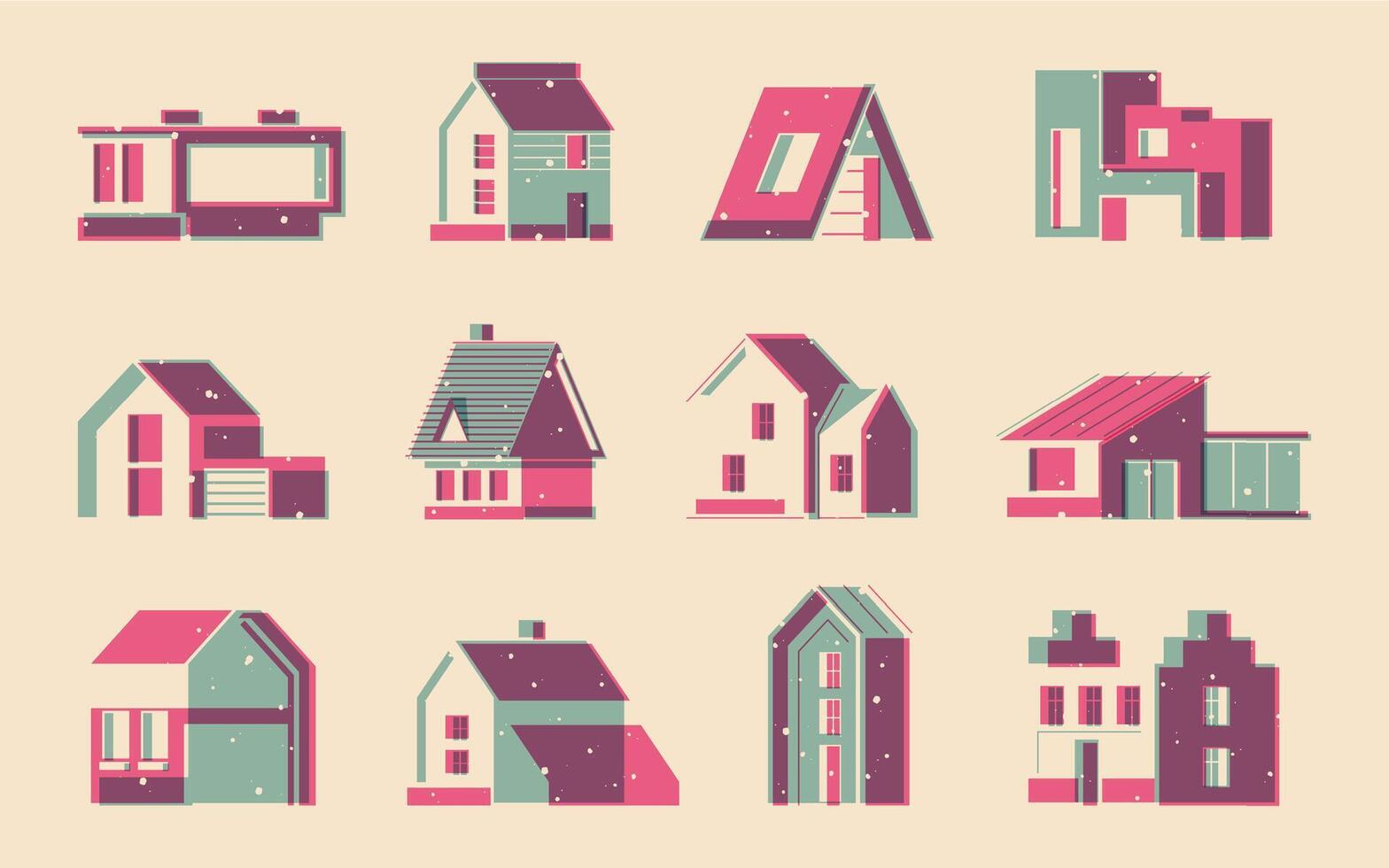 riso huizen afdrukken. ansichtkaart dorp huizen met daken en ramen, schattig stedelijk huis wijnoogst afdrukken met voorkant en kant visie. vector geïsoleerd reeks
