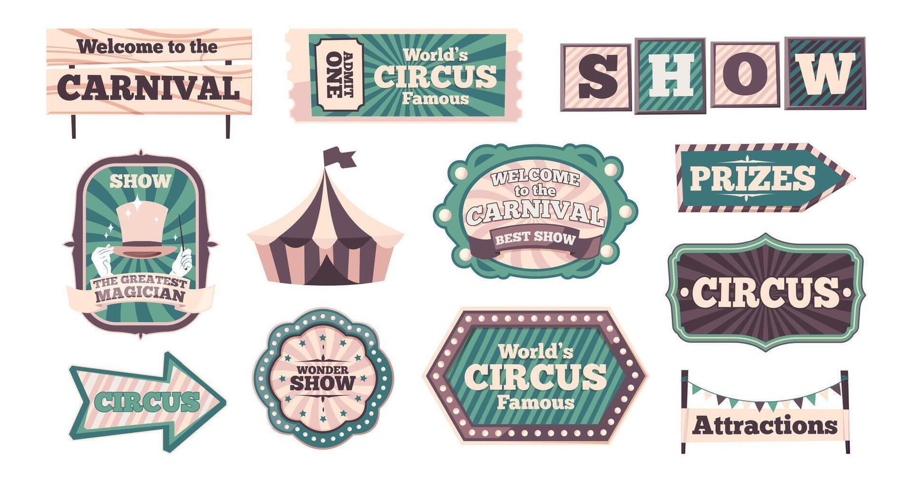 carnaval spandoeken. retro circus banier Sjablonen met grappig textuur, wijnoogst linten voor theater evenement kaart ontwerp. vector reeks