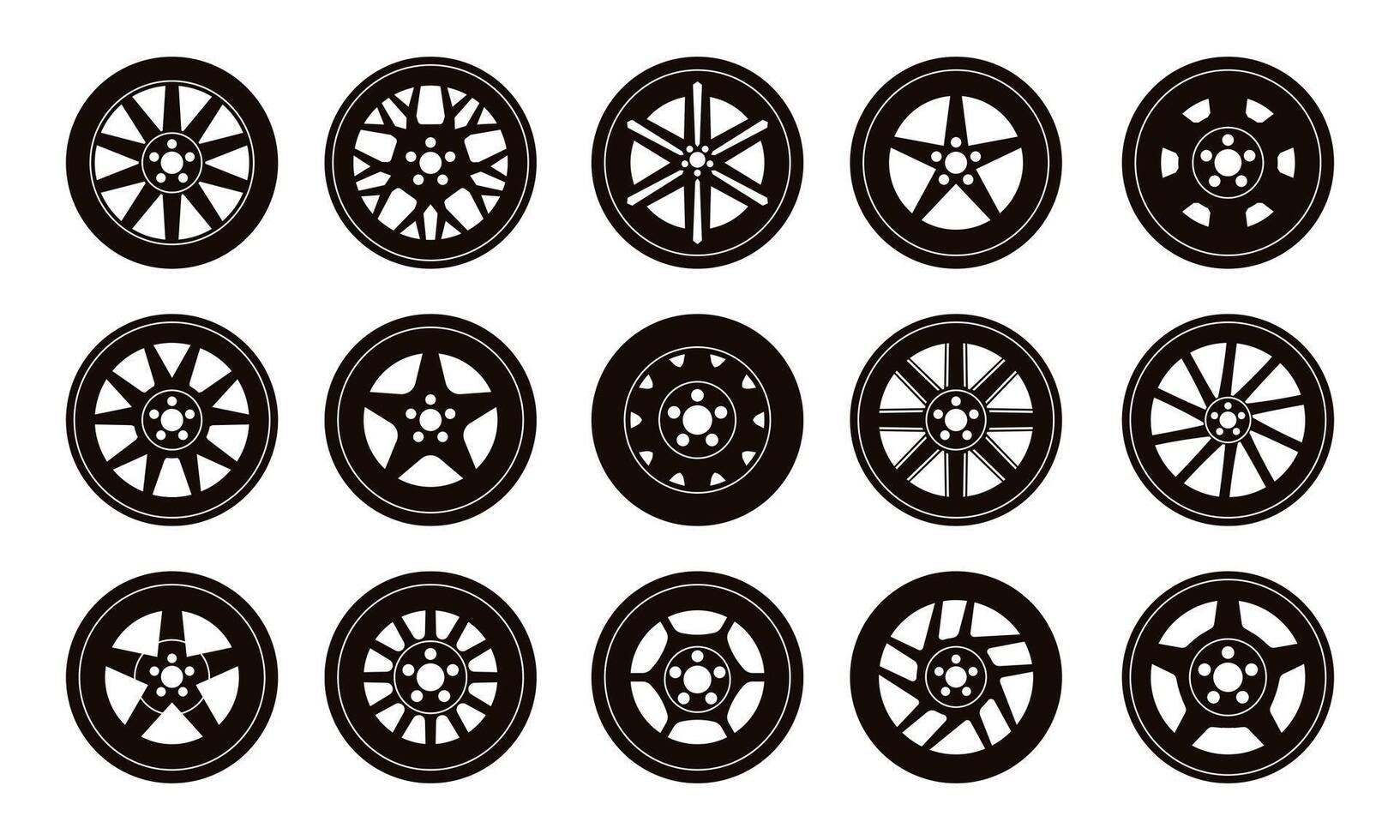 zwart auto velgen. auto- schijf velgen silhouet, ronde voertuig staal wiel pictogrammen, auto industrie pictogram. vector lading auto vervoer velgen reeks