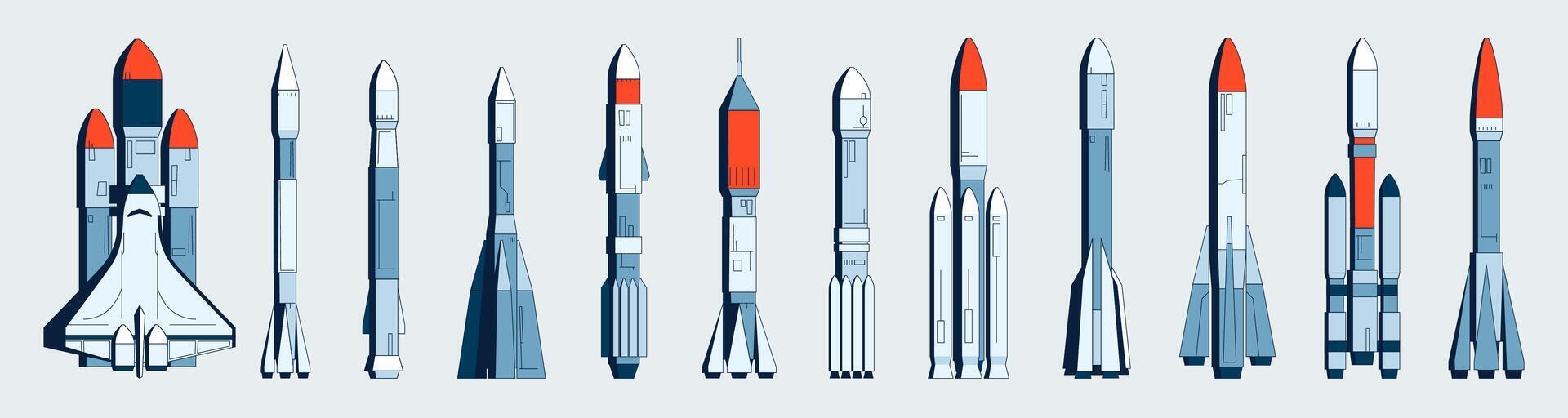 ruimte raket verzameling. vlucht ruimteschip met ruimte module, raket voor suborbitaal vlucht, ruimte missie en astronomie concept. vector reeks