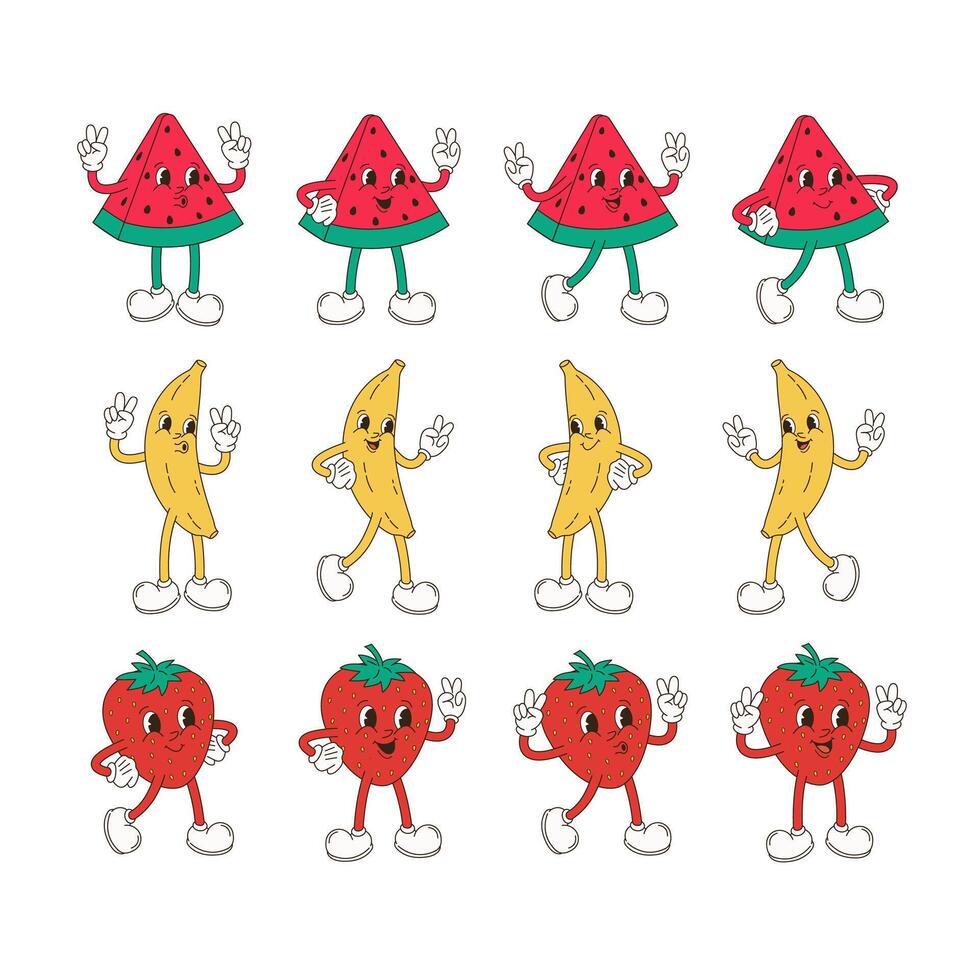 retro tekenfilm karakter fruit set. vector grappig illustratie met banaan, kers, citroen, aardbei, watermeloen