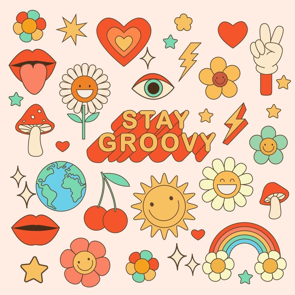 groovy hippie jaren 70 set. grappig tekenfilm bloem, regenboog, vrede, liefde, hart, madeliefje, paddestoel enz. sticker pak in modieus retro psychedelisch tekenfilm stijl. geïsoleerd vector illustratie. bloem stroom.