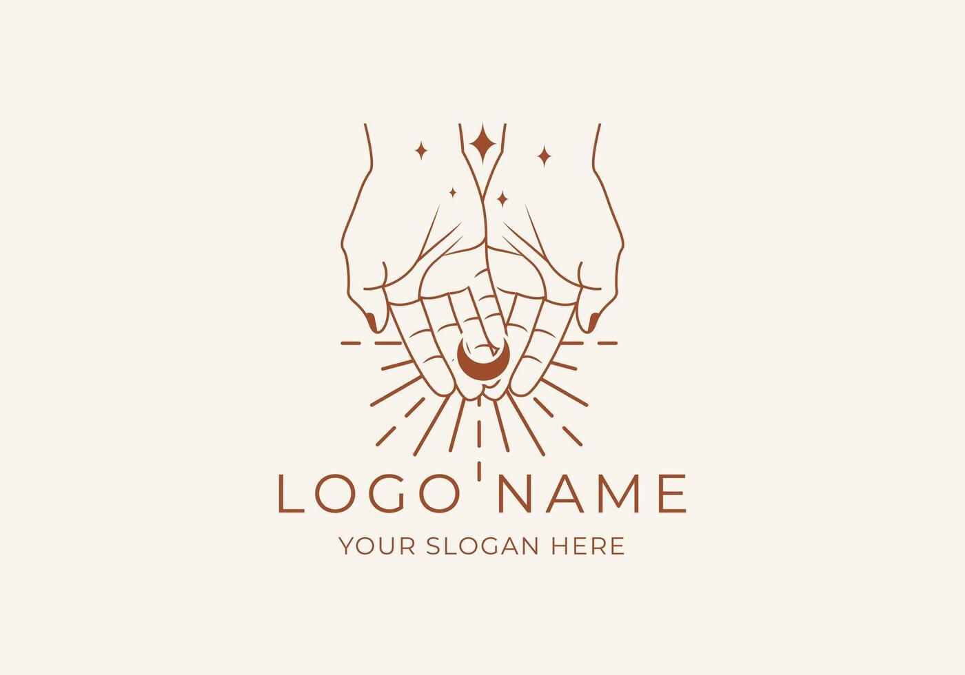 logo lijn Open hand- op zoek omhoog of vragen of bidden met geestelijk concept, maan, sterren, geestelijk logo concept. boho, lijn, handgetekend logo ontwerp, bewerkbare kleur vector