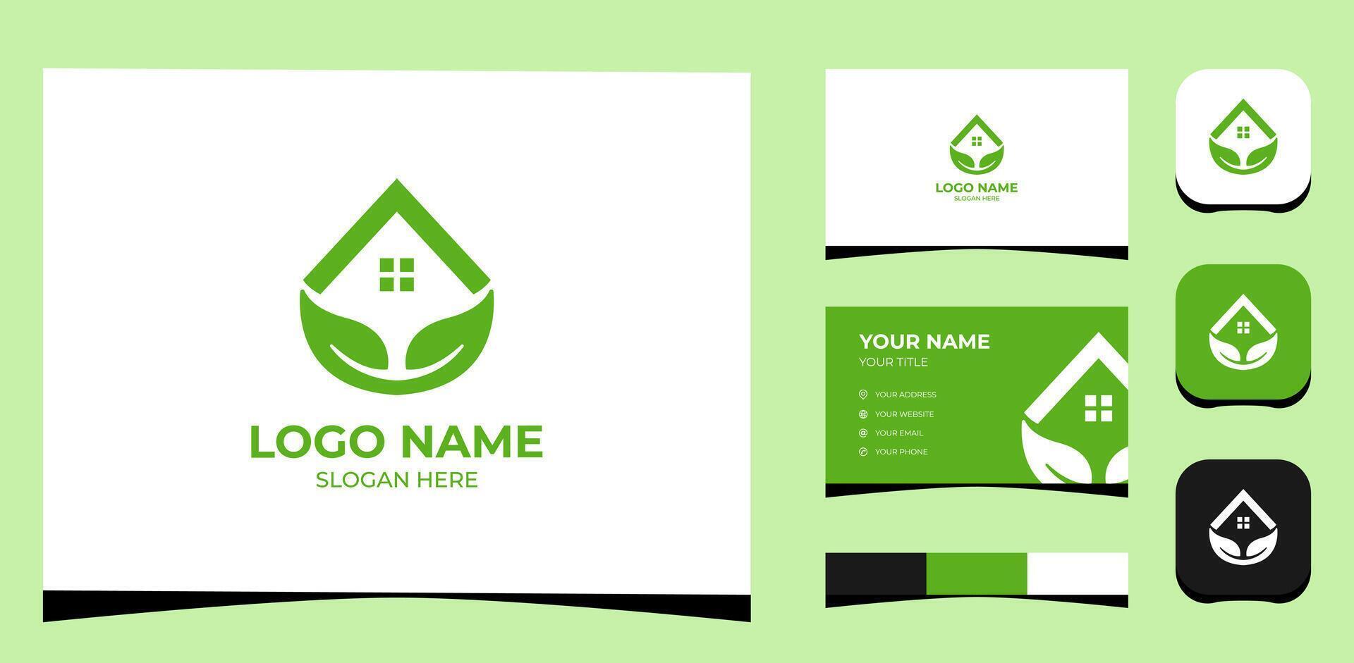 sjabloon logo creatief huis en blad, groen concept. creatief sjabloon met kleur pallet, zichtbaar branding, bedrijf kaart en icoon. vector