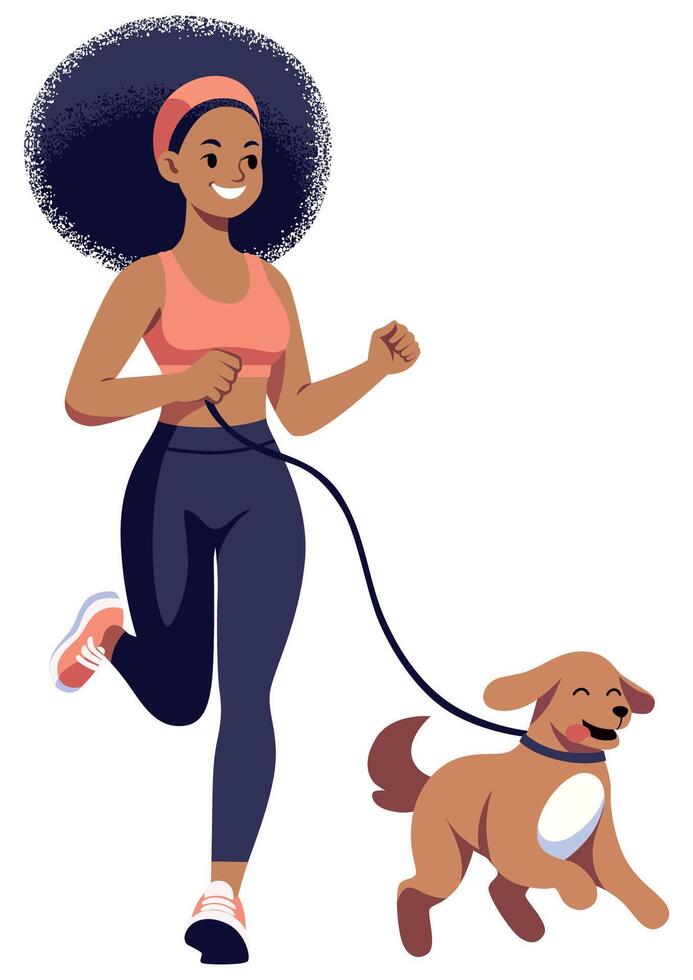 zwart meisje jogging met hond vlak ontwerp vector