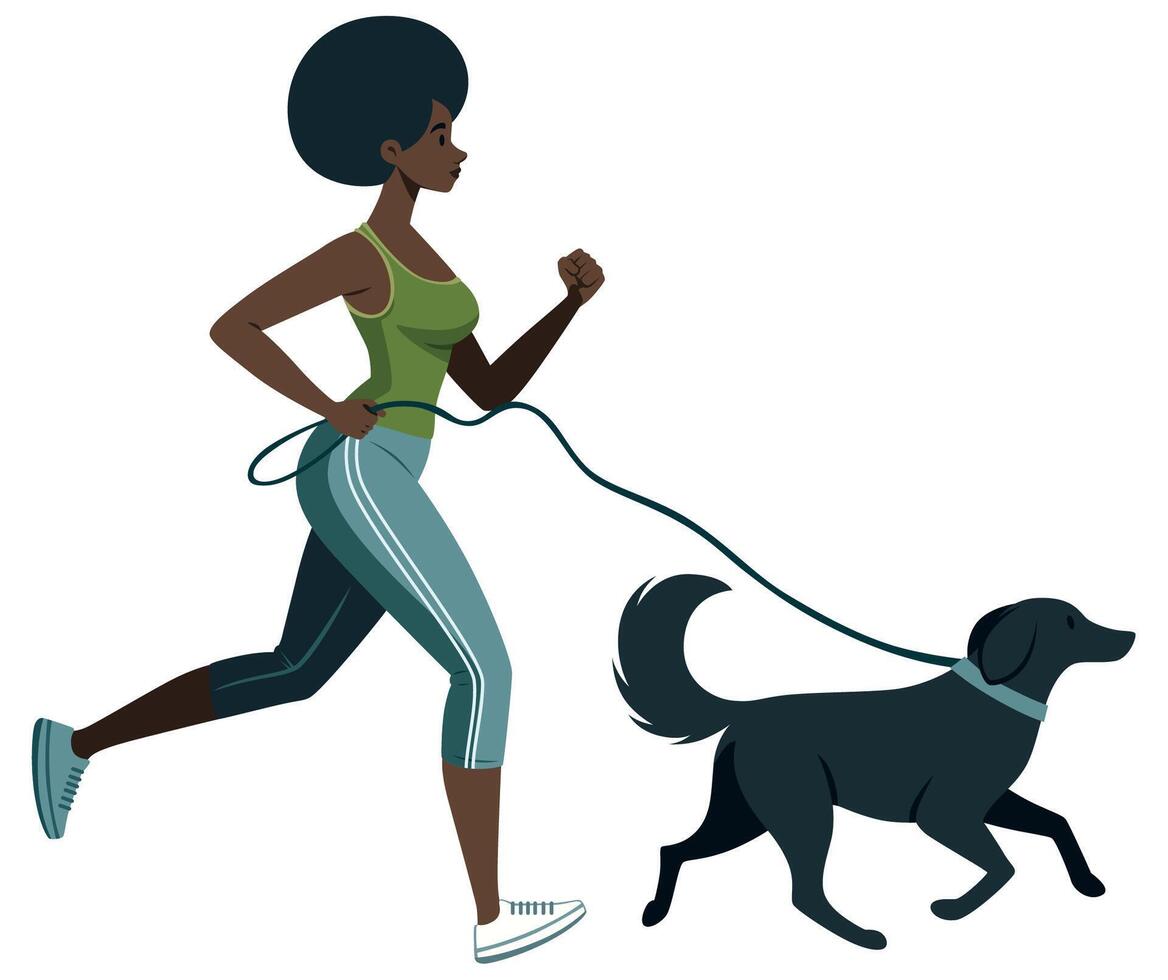 zwart meisje jogging met hond vlak ontwerp vector