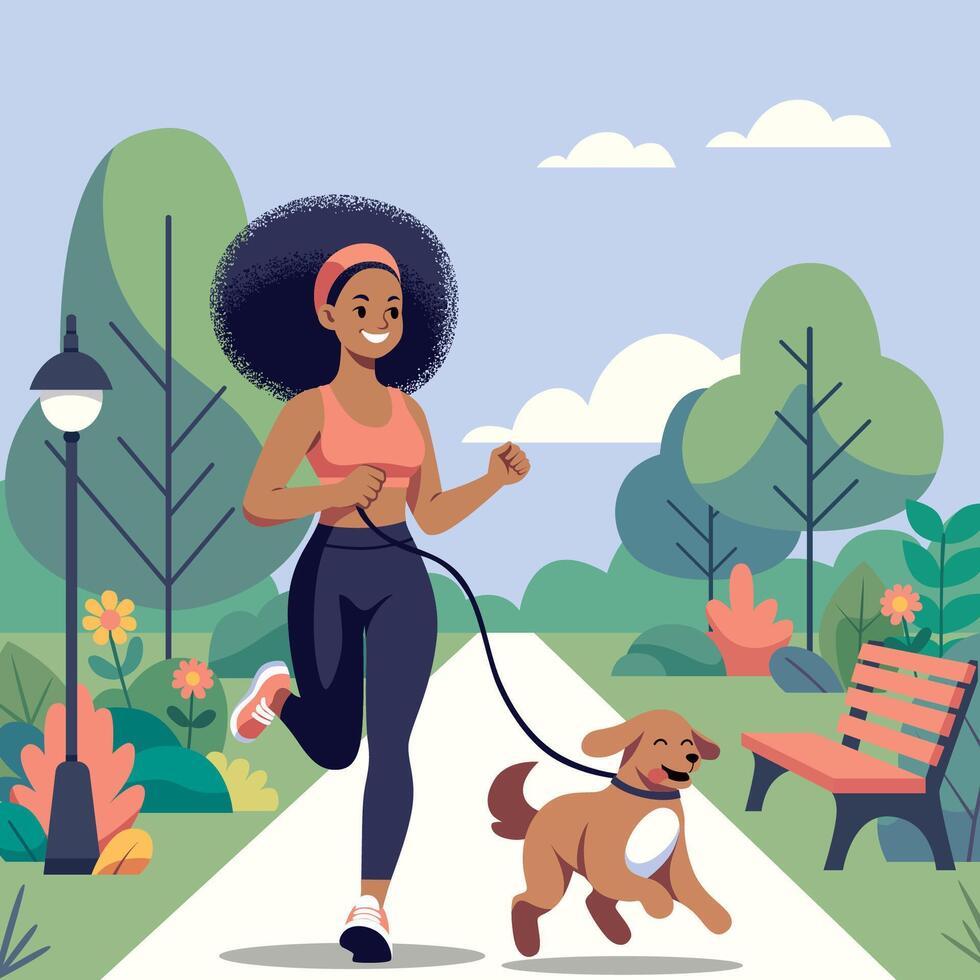 zwart meisje jogging in park vlak ontwerp vector