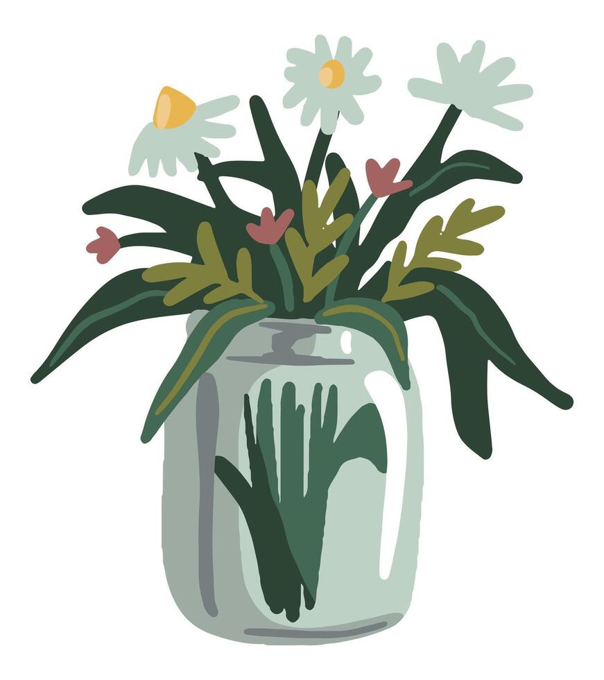 boeket van wilde bloemen in een glas vaas. hand- getrokken vector illustratie. kleurrijk tekenfilm clip art geïsoleerd Aan wit achtergrond. single tekening element voor ontwerp, afdrukken, decoratie, kaart, sticker, wrap.