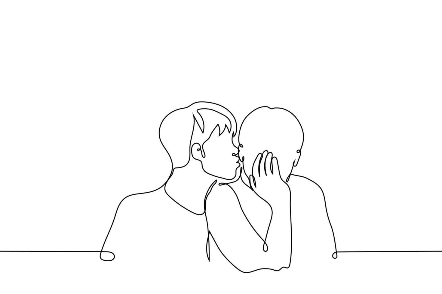 Mens kusjes in de wang van een ander man's oor - een lijn tekening vector. concept een homoseksueel Mens in liefde flirt of verleidt een minnaar, een Mens maakt pret van een vriend vector