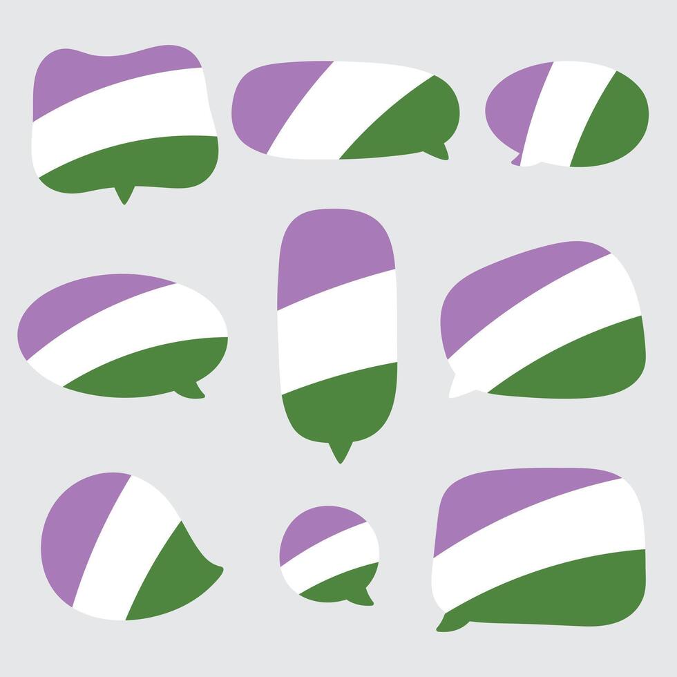 Purper, wit, en groen gekleurde toespraak bubbel icoon, net zo de kleuren van de genderqueer vlag. lgbtqi concept. vlak ontwerp illustratie. vector