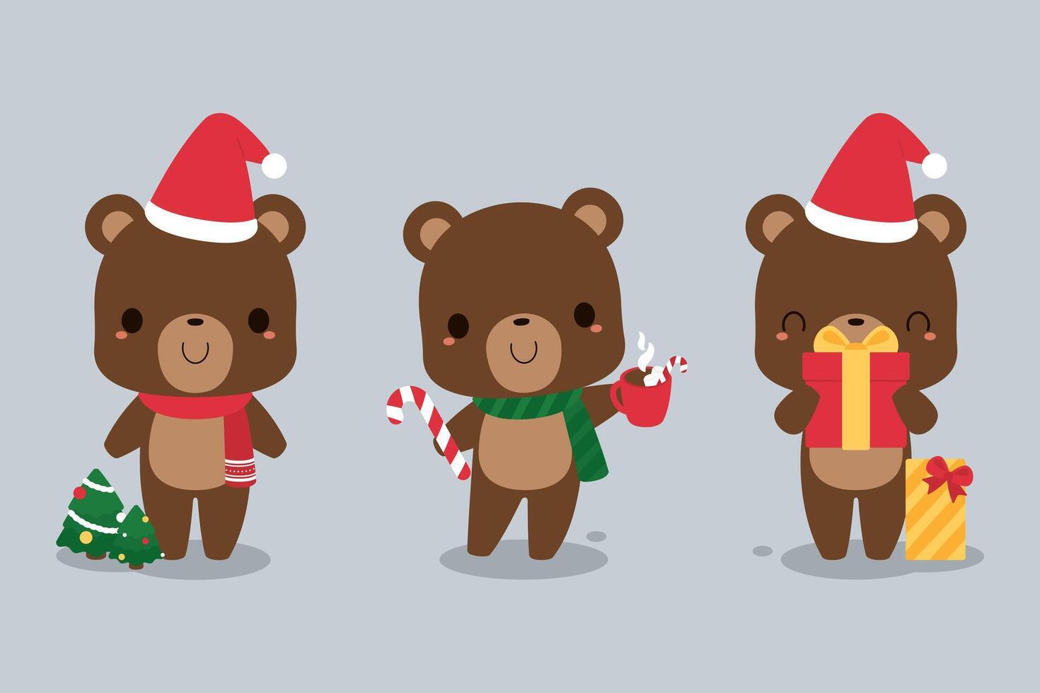 reeks van schattig bruin beer tekenfilm tekens in feestelijk Kerstmis vakantie seizoen concept. vlak vector illustratie.