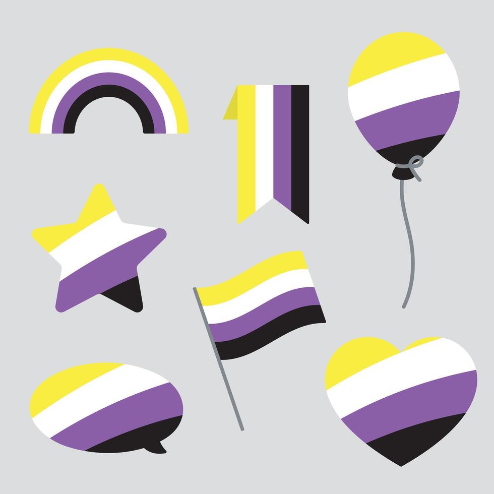 geel, wit, Purper en zwart gekleurde toespraak bubbel, ster, hart, ballon, vlag en regenboog pictogrammen, net zo de kleuren van de niet-binair vlag. lgbtqi concept. vlak vector illustratie.