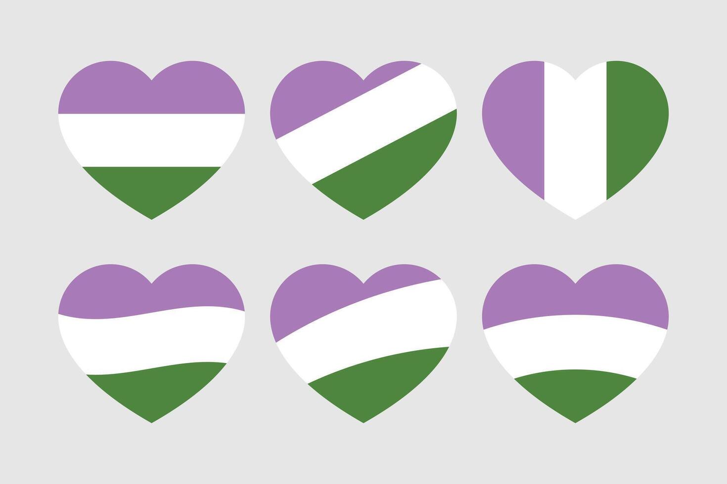 Purper, wit, en groen gekleurde hart pictogrammen, net zo de kleuren van de genderqueer vlag. lgbtqi concept. vlak vector illustratie.