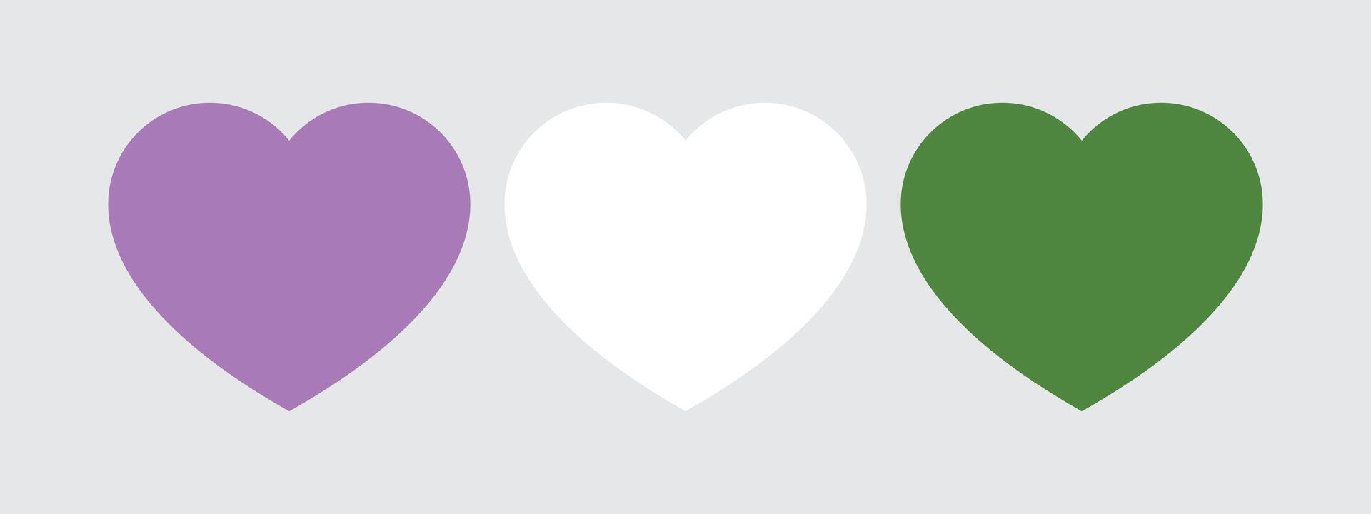 Purper, wit, en groen gekleurde hart pictogrammen, net zo de kleuren van de genderqueer vlag. lgbtqi concept. vlak vector illustratie.