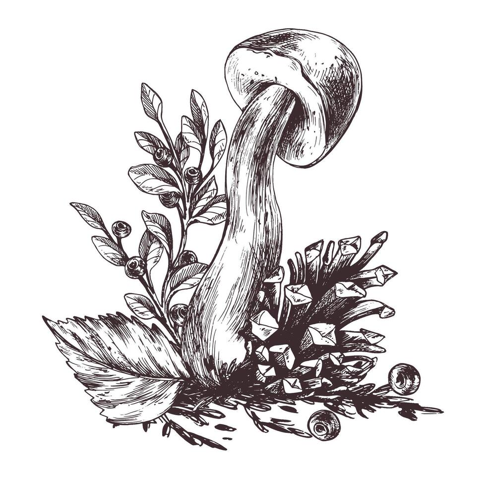 champignons Woud boletus met gras, bosbessen, mos en ijshoorntje. grafisch botanisch illustratie hand- getrokken in bruin inkt. voor recepten, verpakking, herfst festival, oogst. geïsoleerd samenstelling vector