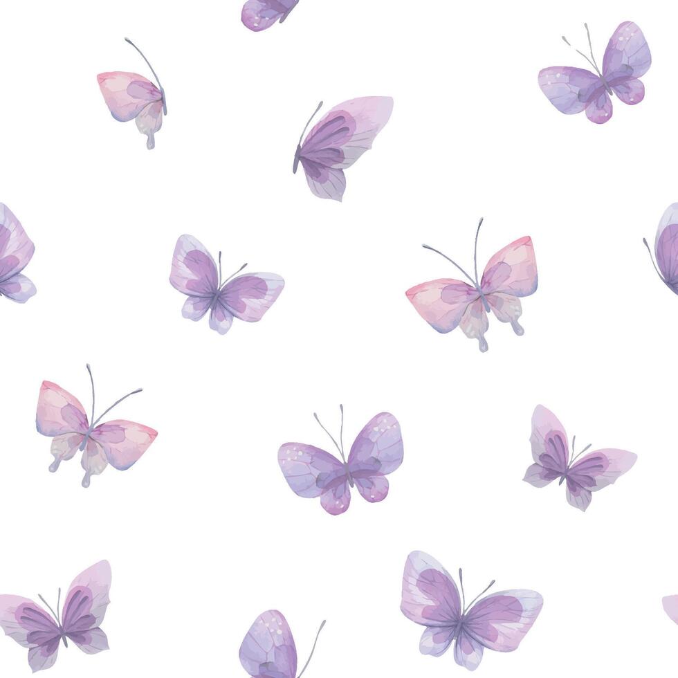 waterverf illustratie van roze en lila vlinders. naadloos patroon, zacht, luchtig. voor kleding stof, textiel, behang, prints vodje papier vector