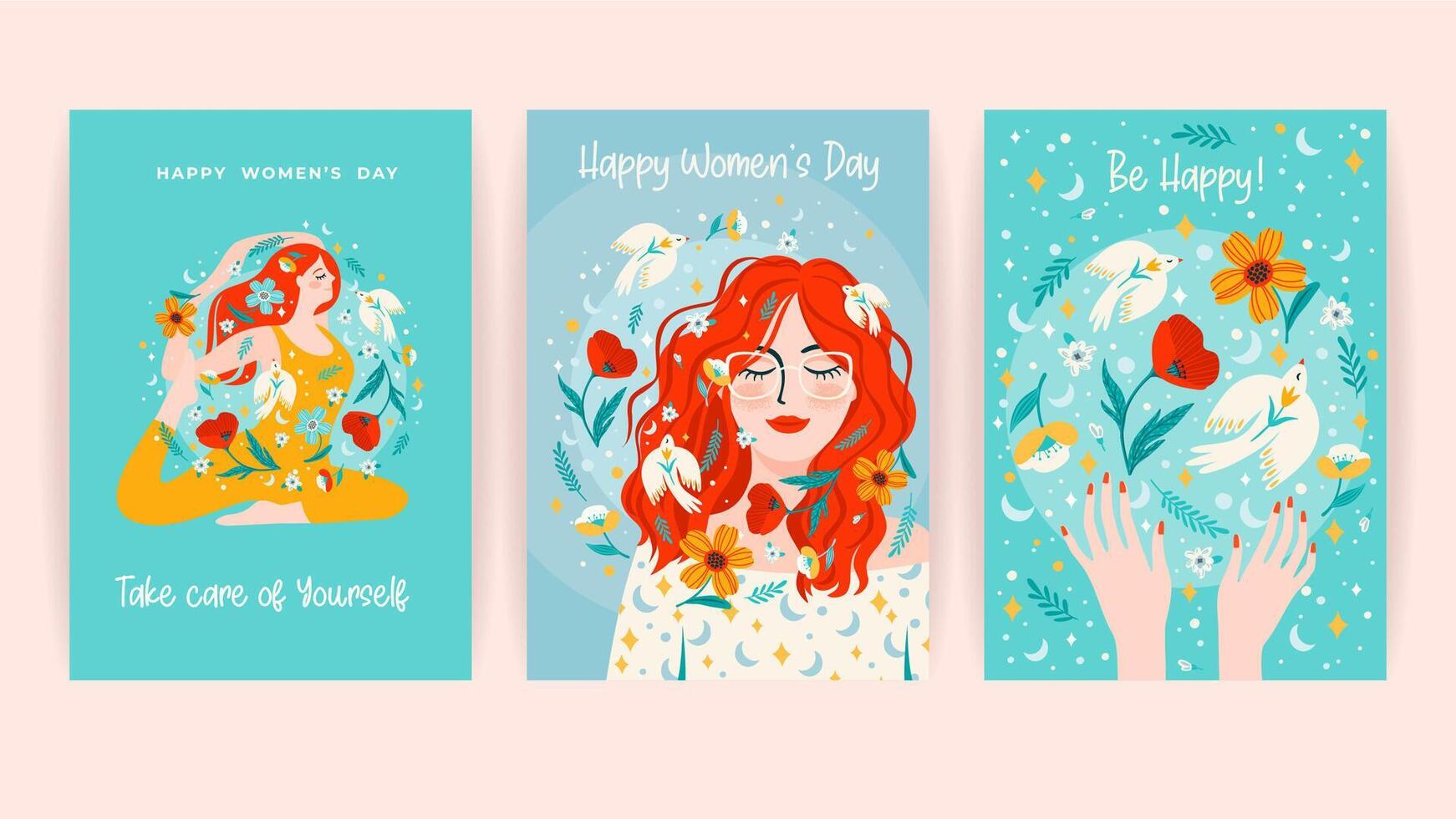 reeks van kaarten met Dames, bloemen en vogels. vector ontwerp concept voor Internationale Dames s dag en andere gebruik