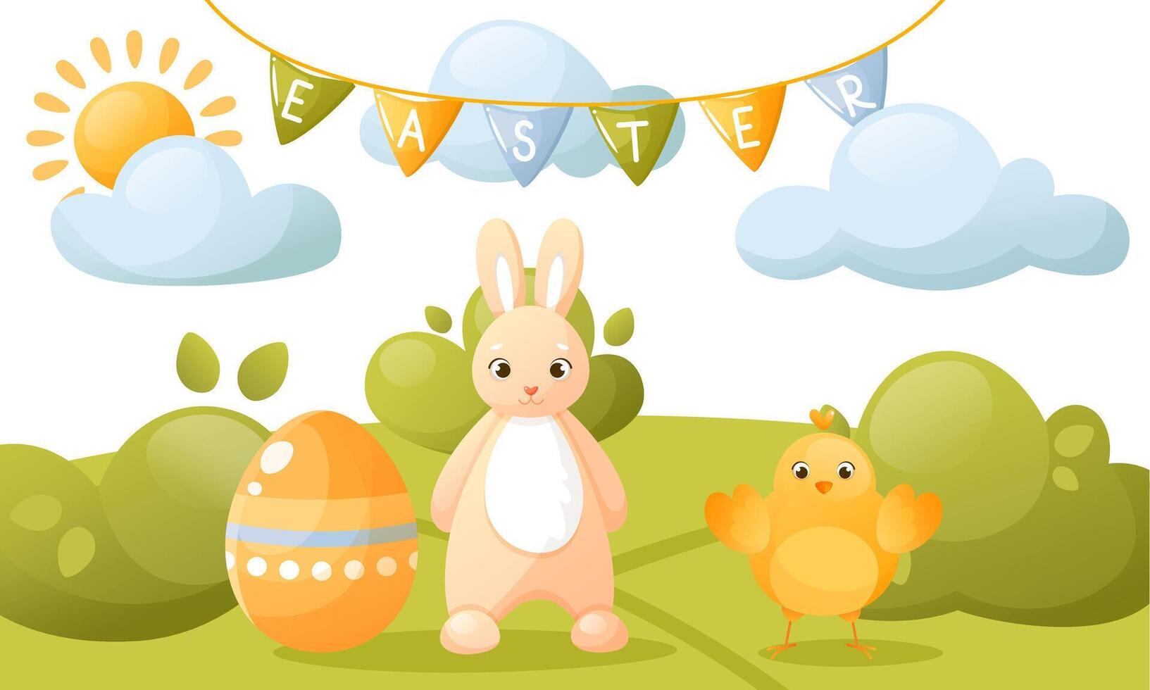 vector schattig illustratie van een Pasen ei jacht, met schattig konijntjes, kuikens, Pasen attributen, lint tekst en decoraties. geschikt voor Pasen spandoeken, uitnodigingen, kaarten, flyers.