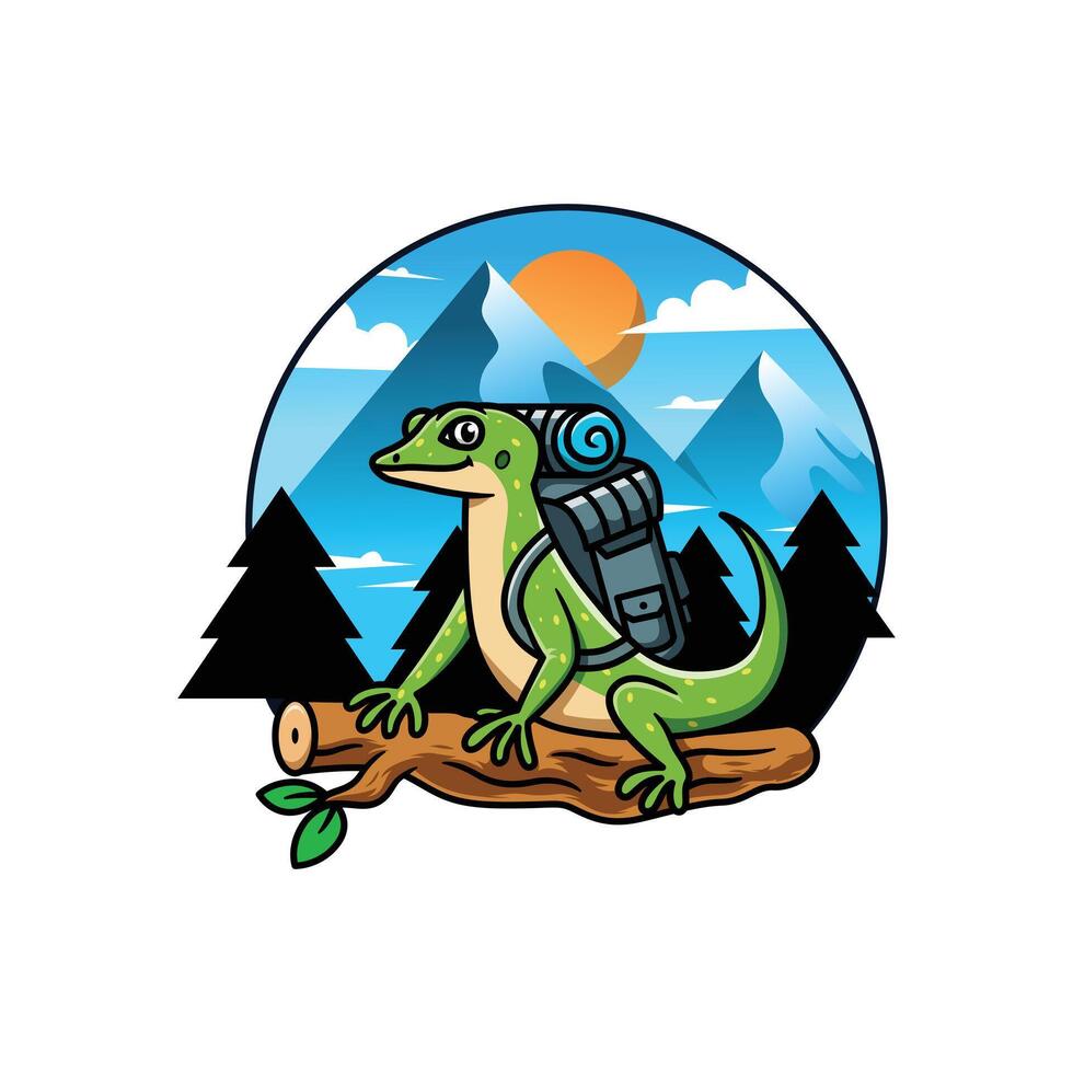 gekko mascotte logo buitenshuis thema vector tekenfilm illustratie.