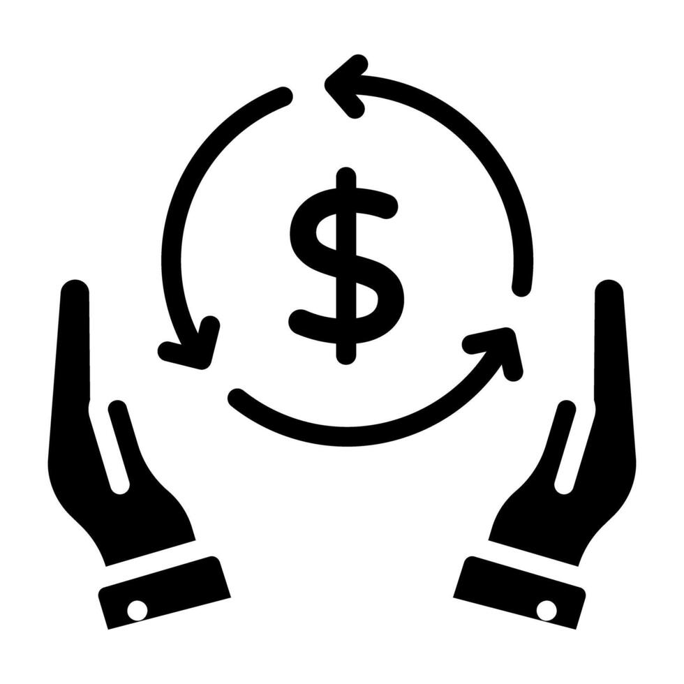 dollar met omkeerbaar pijlen binnen handen, contant geld stromen icoon vector