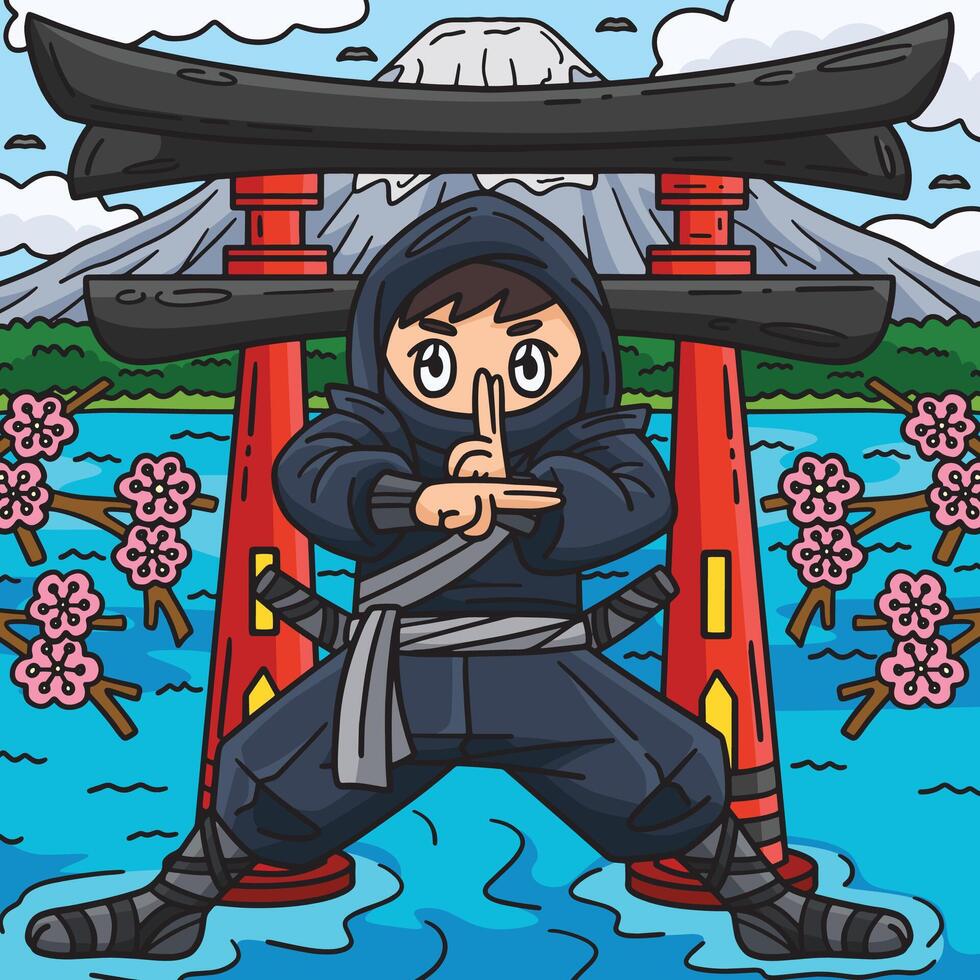 Ninja staand in voorkant van een torii gekleurde tekenfilm vector