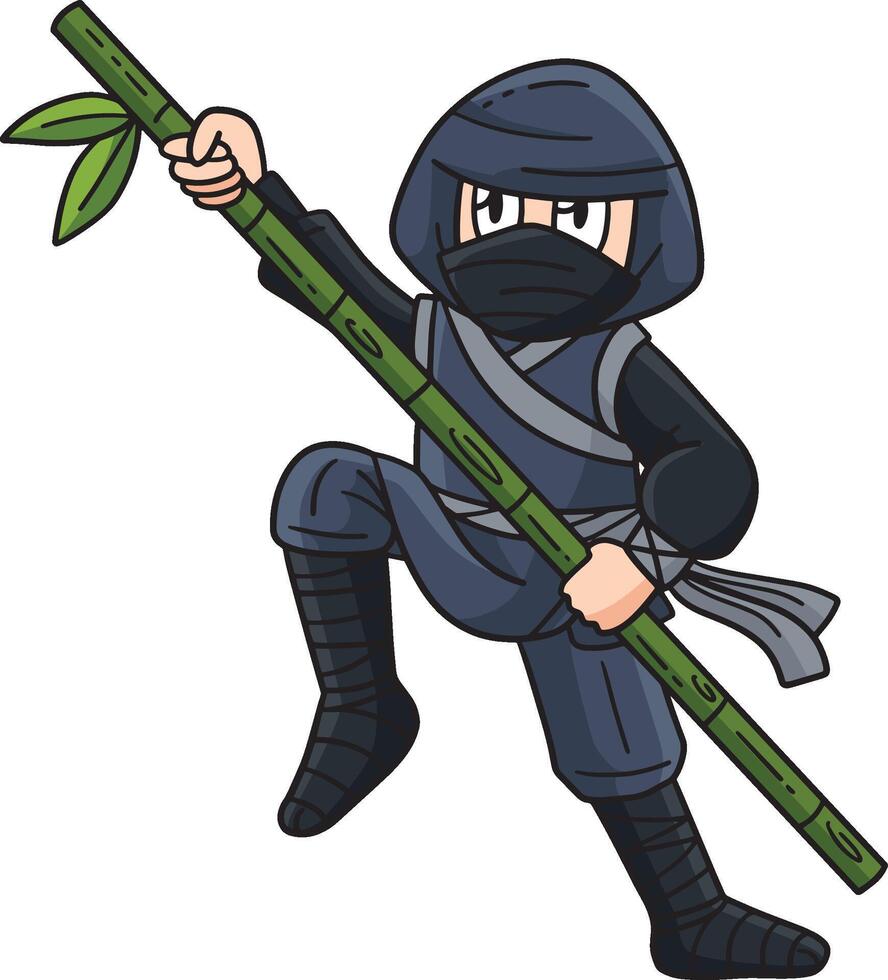 Ninja met een bamboe pool tekenfilm gekleurde clip art vector