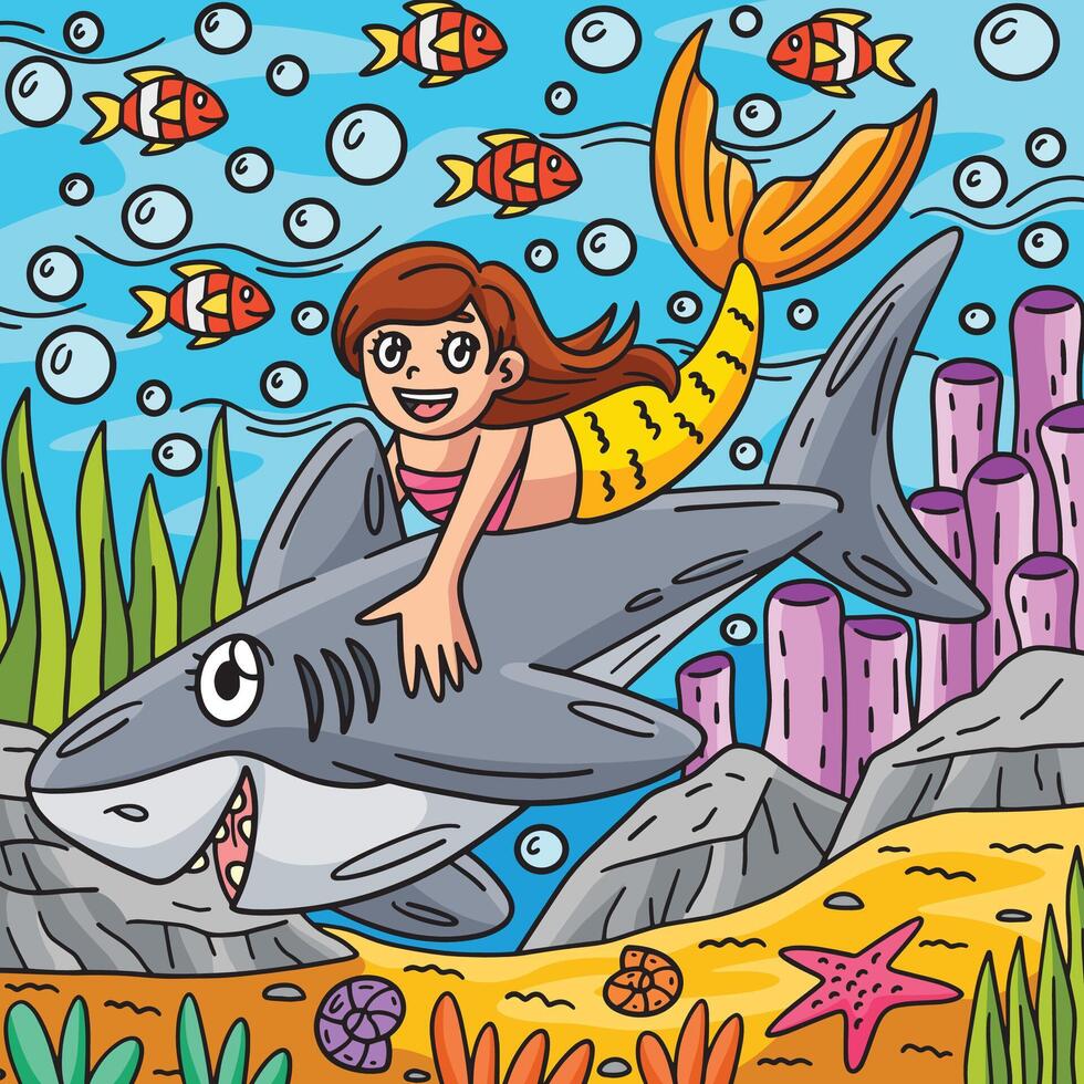 haai en meermin gekleurde tekenfilm illustratie vector