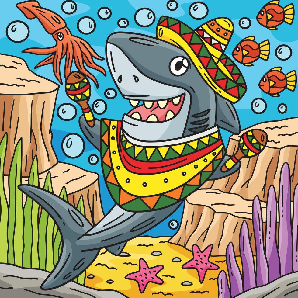 haai met sombrero en maracas gekleurde tekenfilm vector