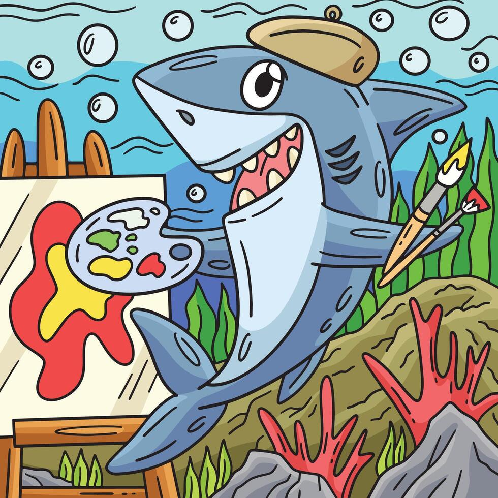 haai met schilderij materialen gekleurde tekenfilm vector