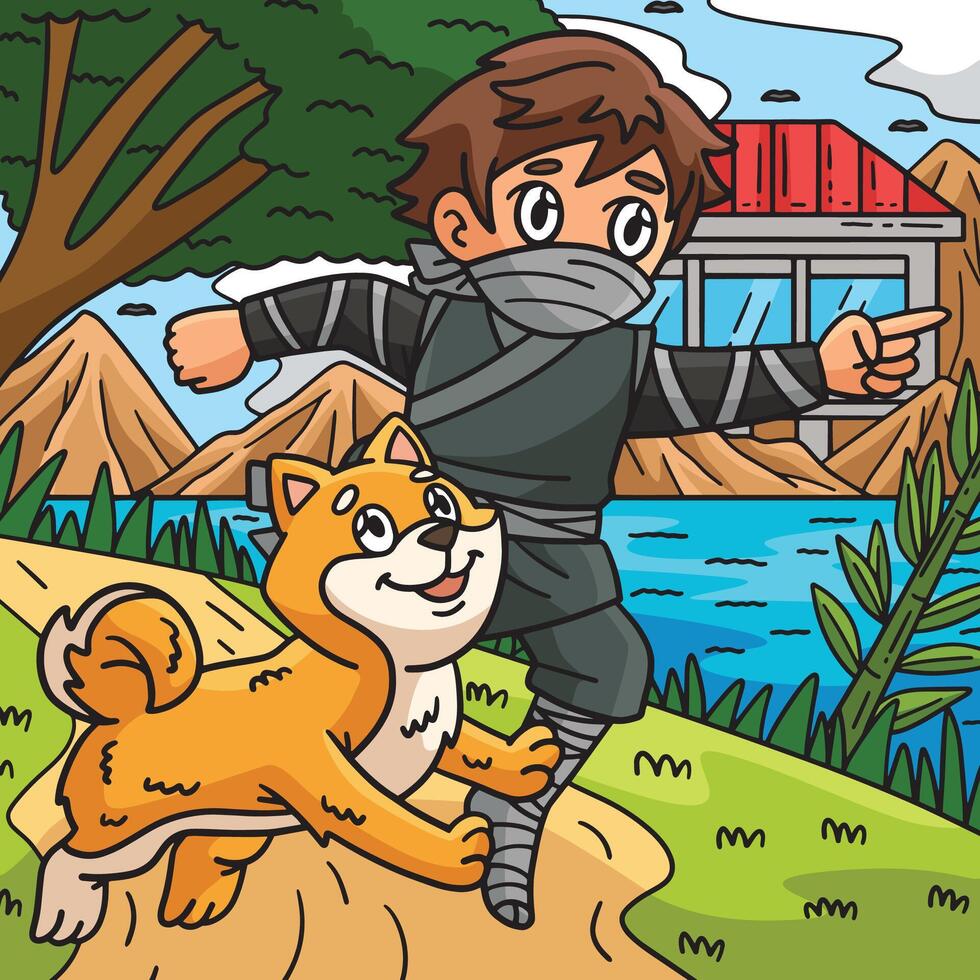 Ninja en shiba inu gekleurde tekenfilm illustratie vector