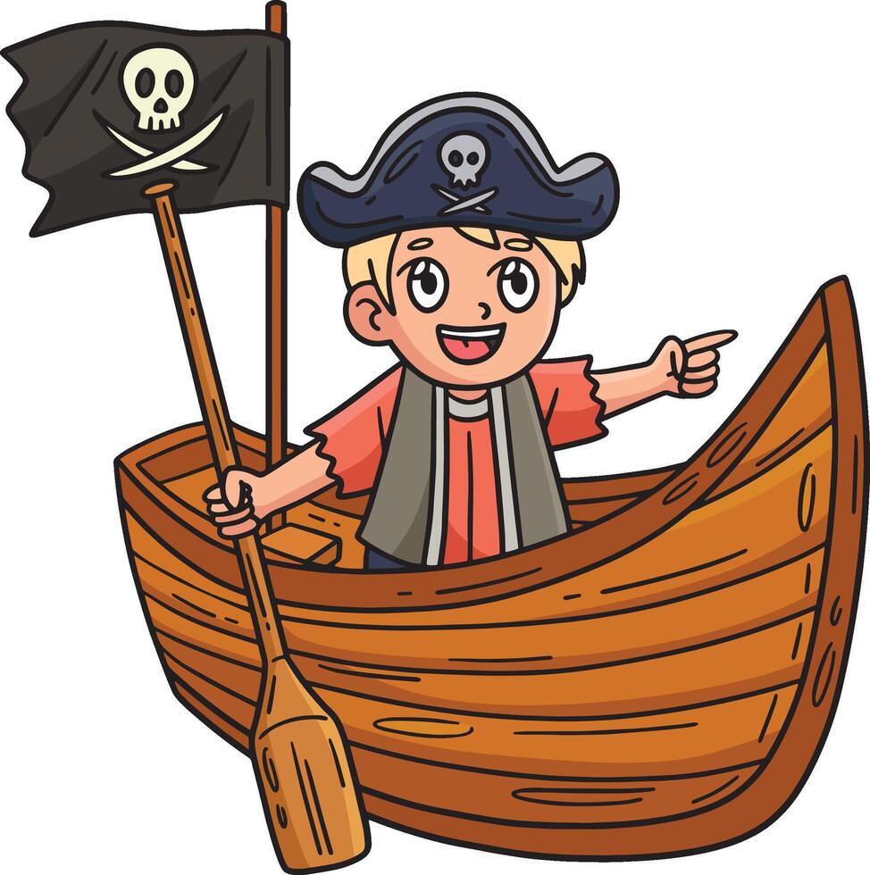 piraat in een roeiboot tekenfilm gekleurde clip art vector
