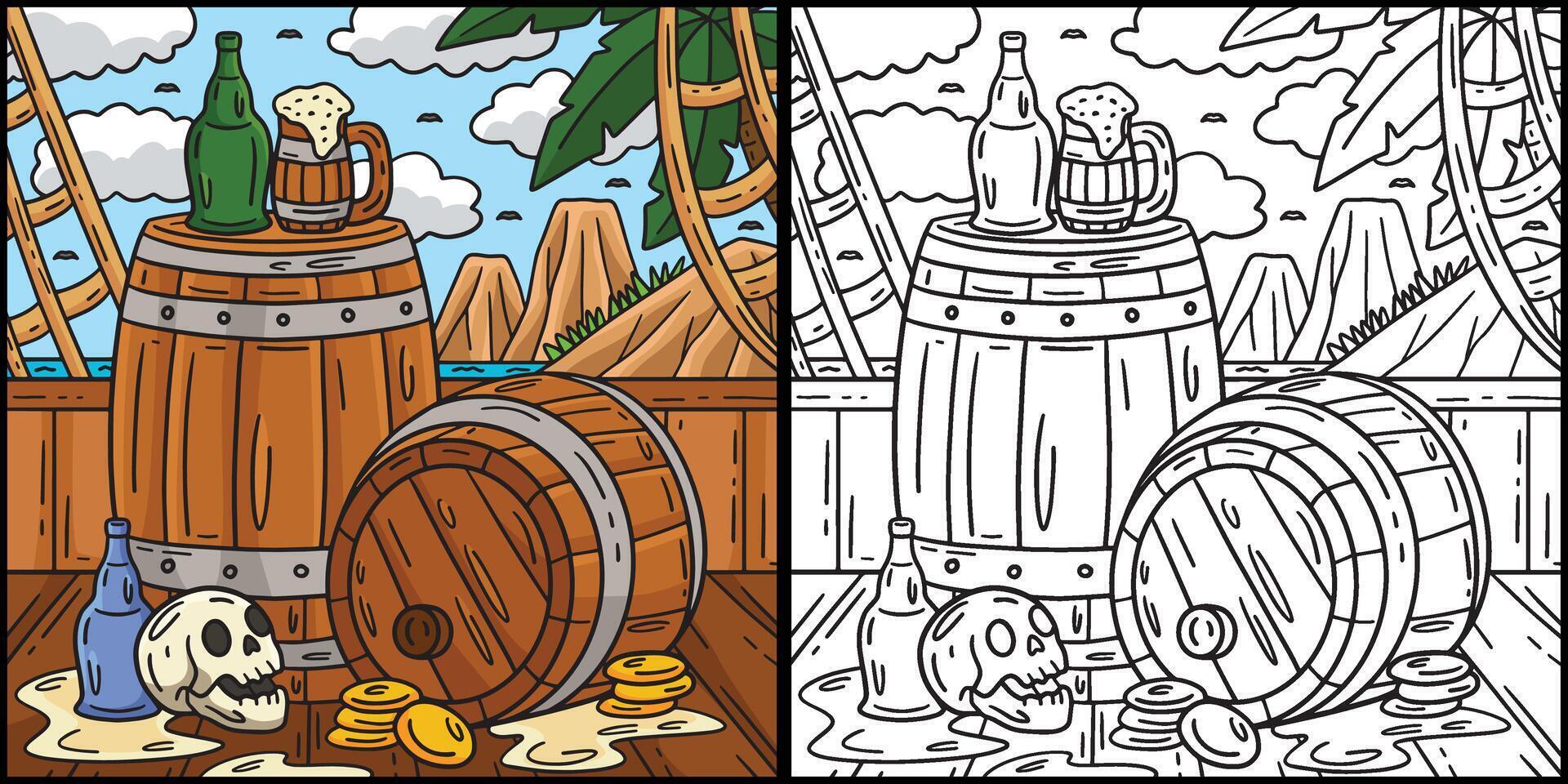 piraat rum en vaten kleur bladzijde illustratie vector