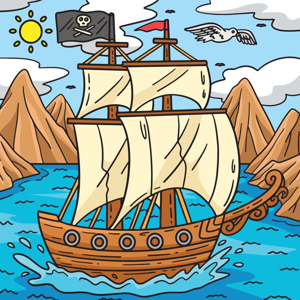 piraat schip gekleurde tekenfilm illustratie vector