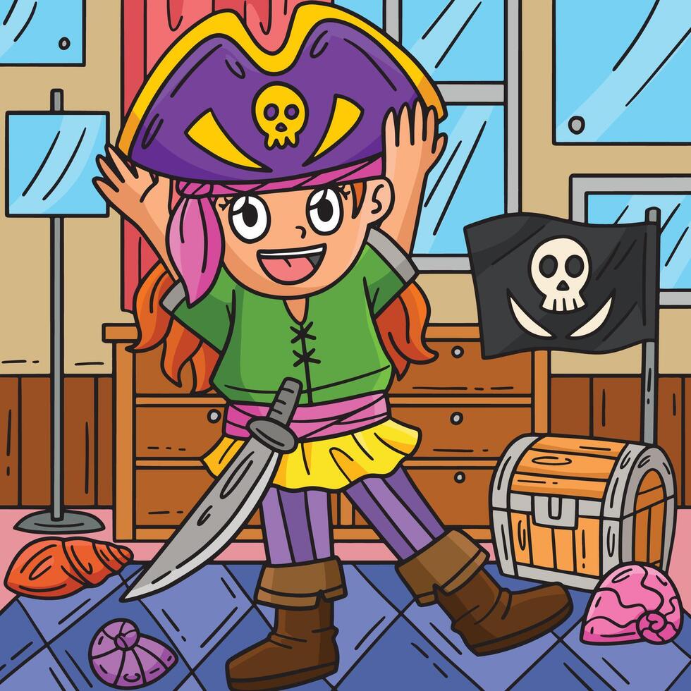 meisje zetten Aan een piraat hoed gekleurde tekenfilm vector
