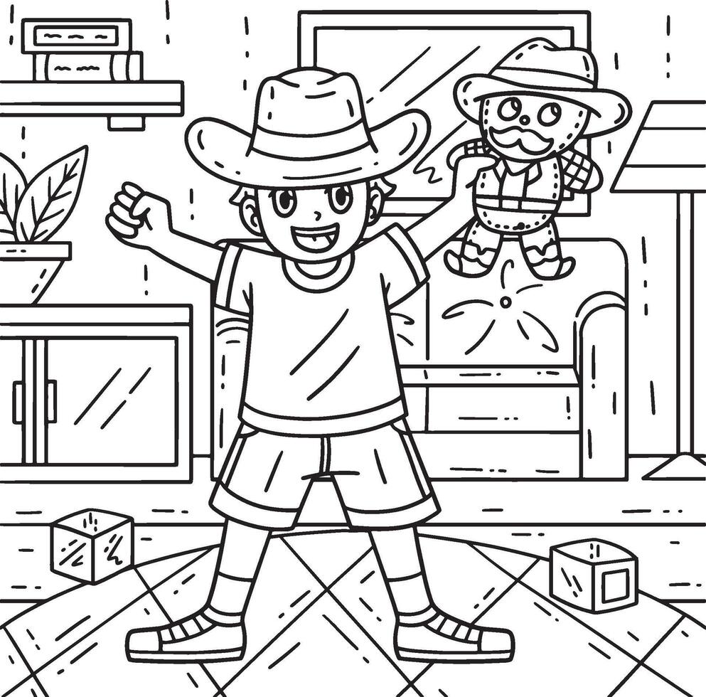 jongen met cowboy speelgoed- kleur bladzijde voor kinderen vector