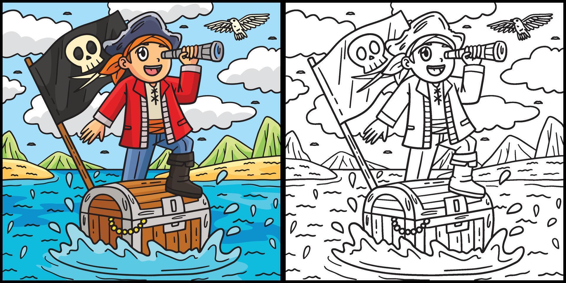 piraat en borst drijvend over- zee illustratie vector