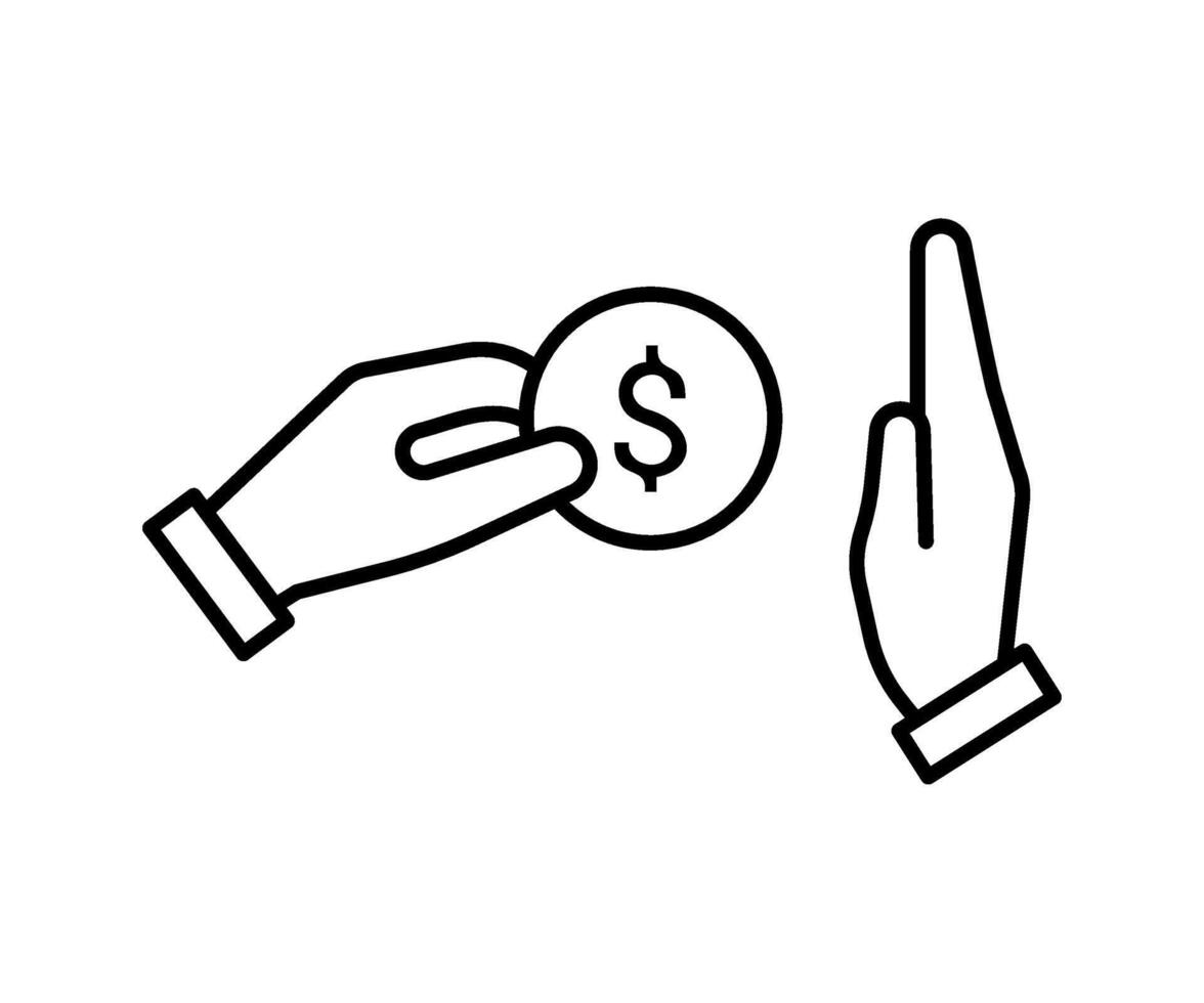 hand- geeft geld en krijgt afgekeurd, lijn icoon. hand- Holding dollar. fraude en omkoping. vector illustratie