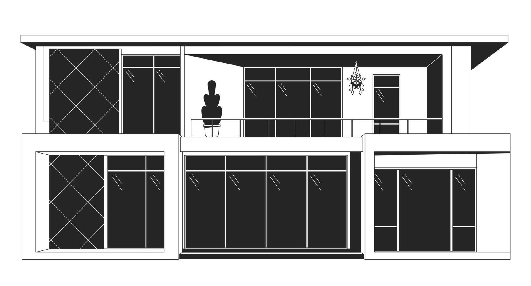 modern glas huis zwart en wit 2d lijn tekenfilm voorwerp. bouwkundig inspiratie. behuizing landgoed. gebouw geïsoleerd vector schets item. eigendom buitenkant monochromatisch vlak plek illustratie